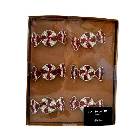 Tahari Beaded Peppermint Candy Napkin Rings Set of 6 Red White Christmas Holiday - Picture 2 of 5